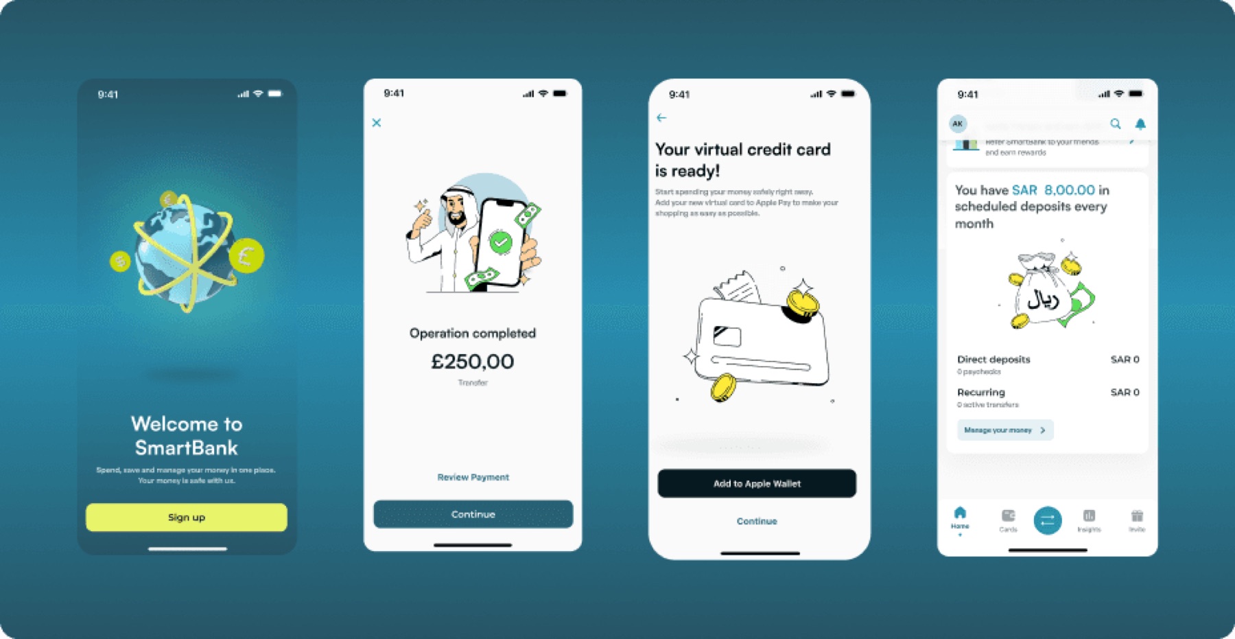 Smart Bank onboarding, payment and card screens