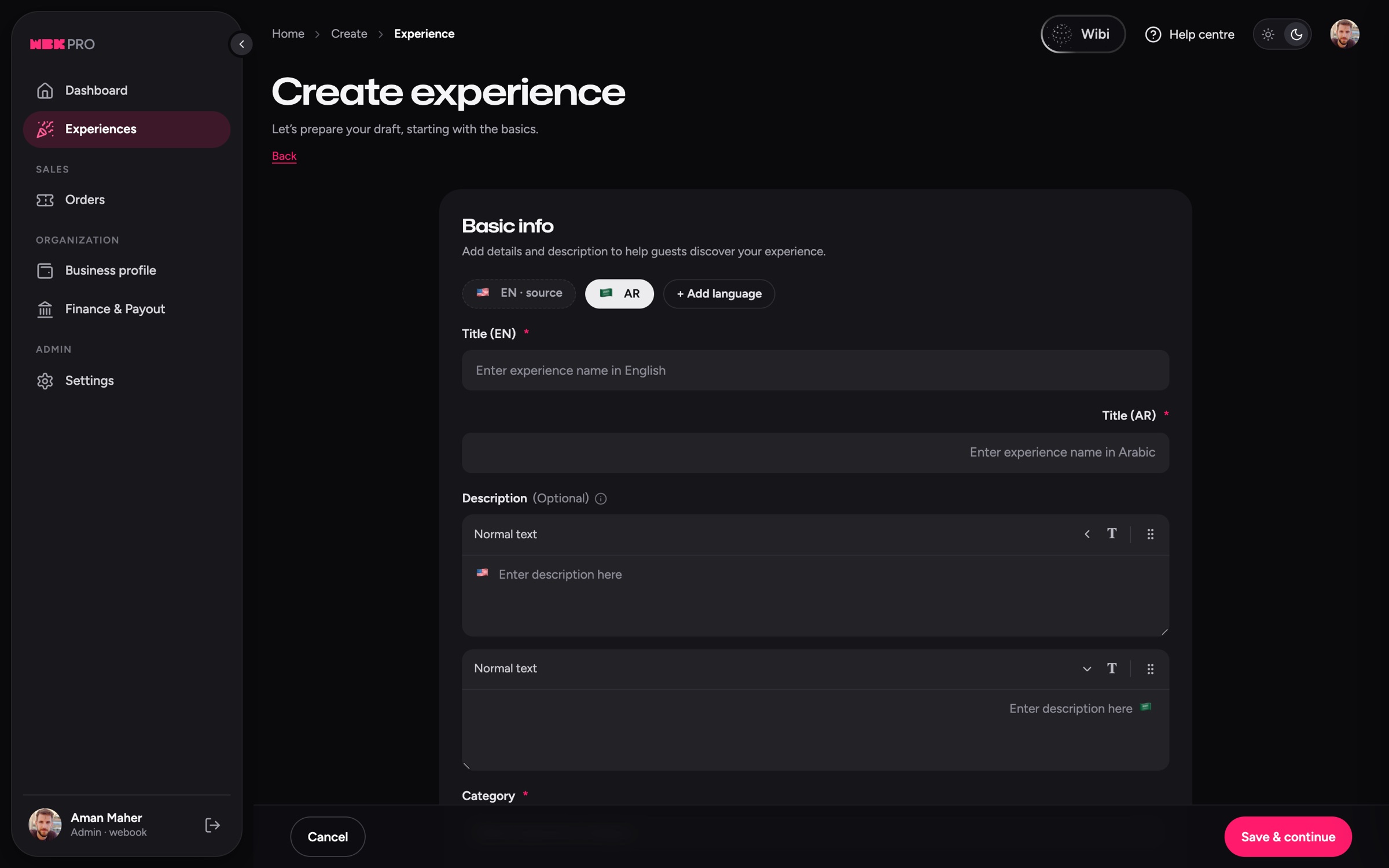 Create experience form with English and Arabic fields