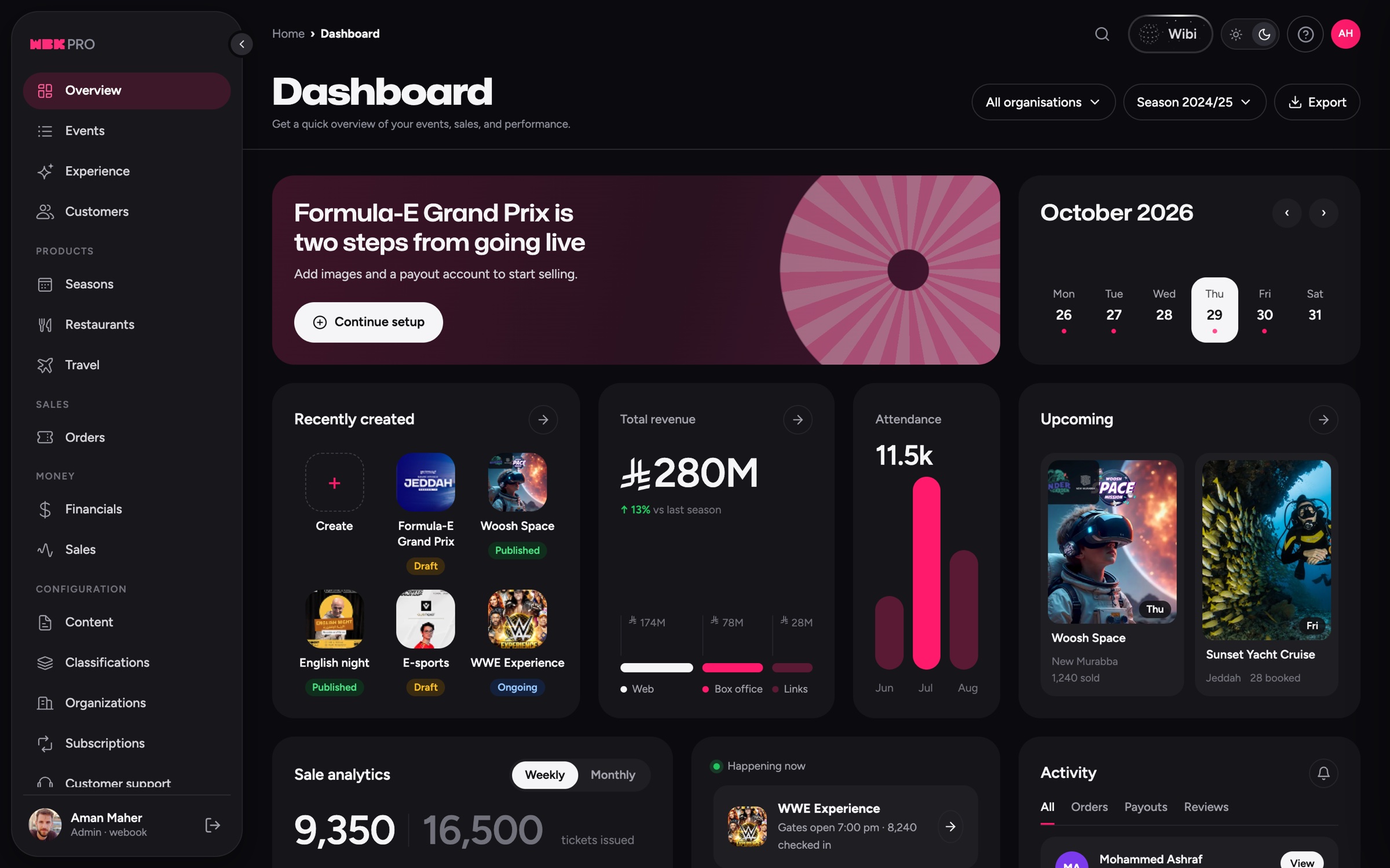 WBK PRO dashboard with setup prompt, revenue, attendance and upcoming events
