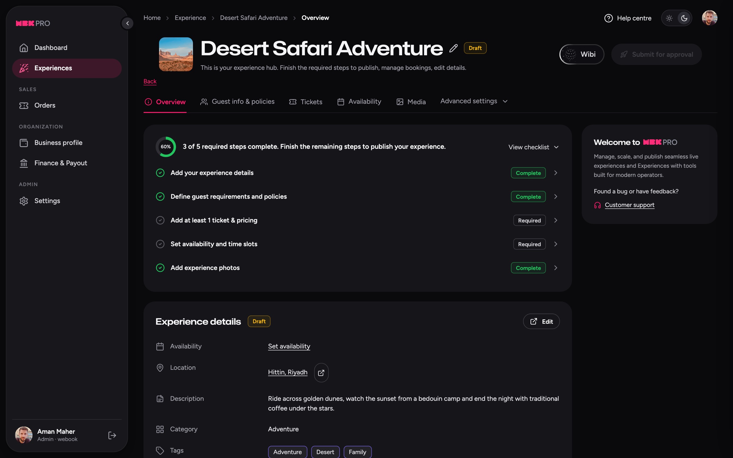 Experience hub showing setup progress and experience details