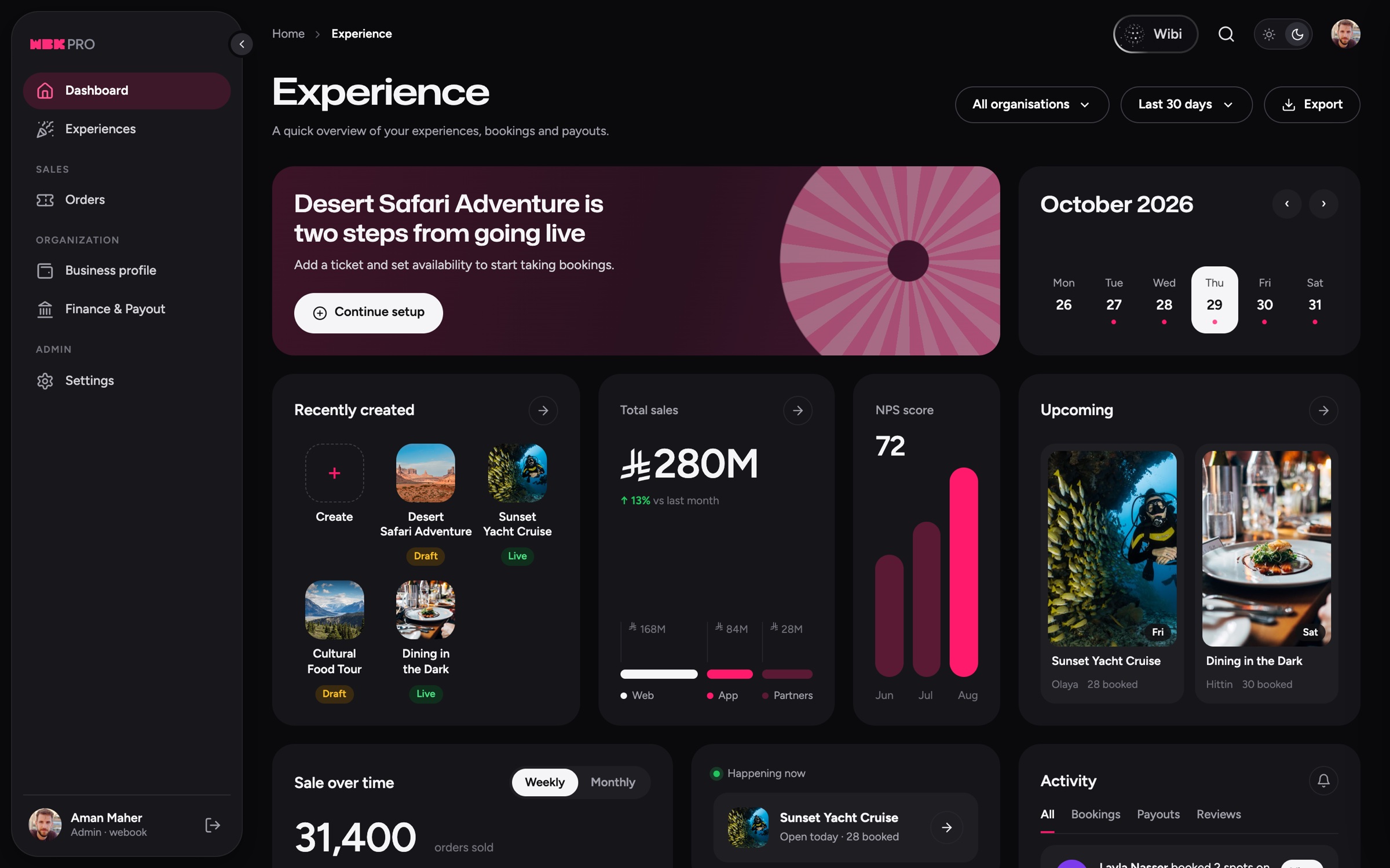 Experience dashboard with sales, NPS score and upcoming bookings