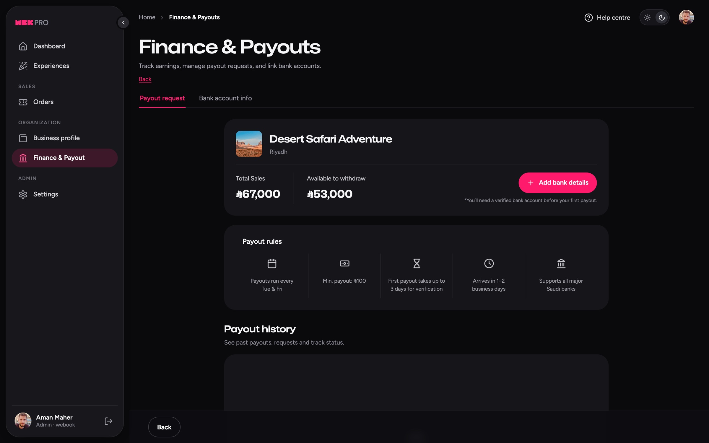 Finance and payouts screen with balance, payout rules and history