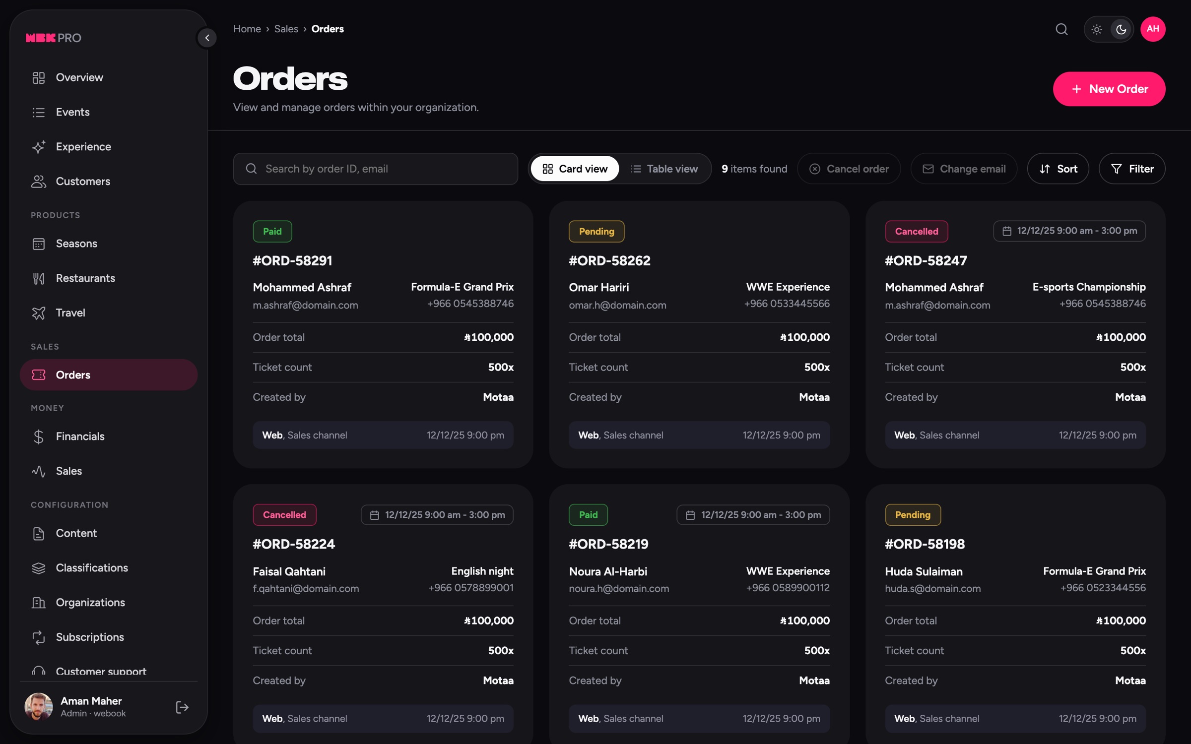 Orders screen with order cards showing status, customer and totals