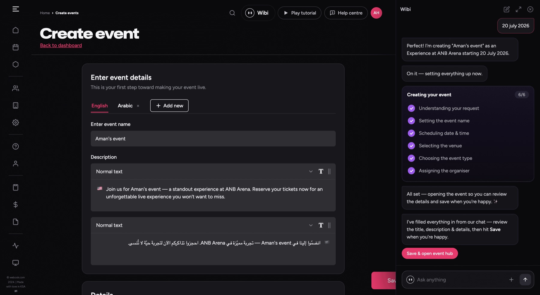 WBK PRO create-event screen with the Wibi AI copilot panel